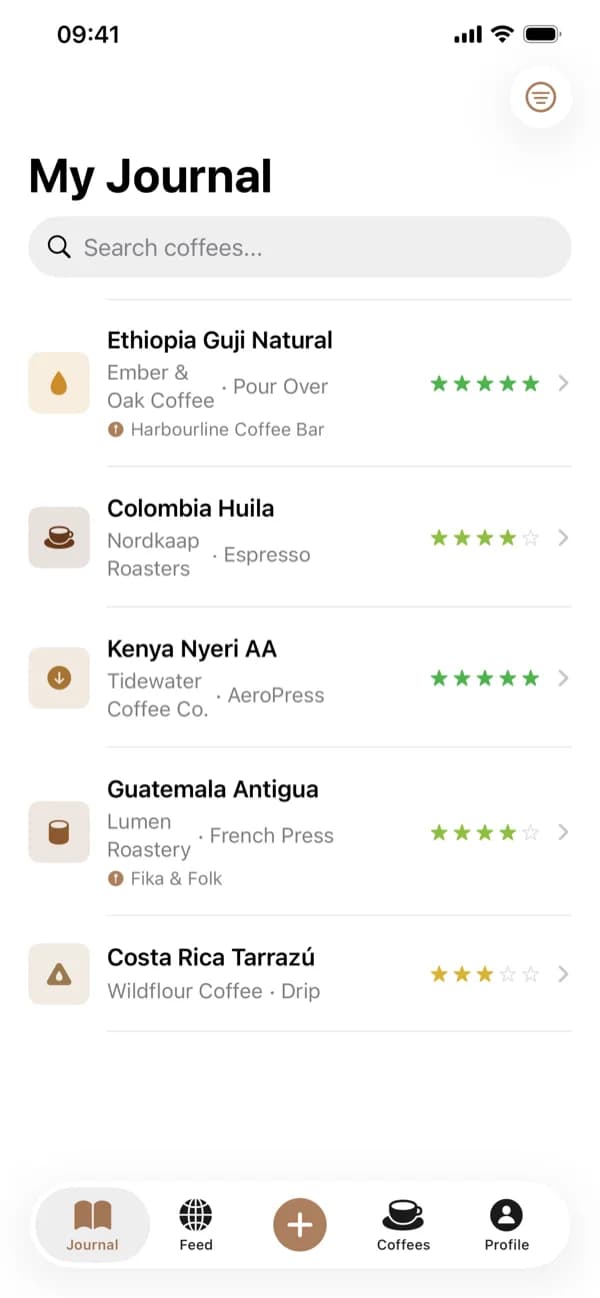The journal list of logged brews